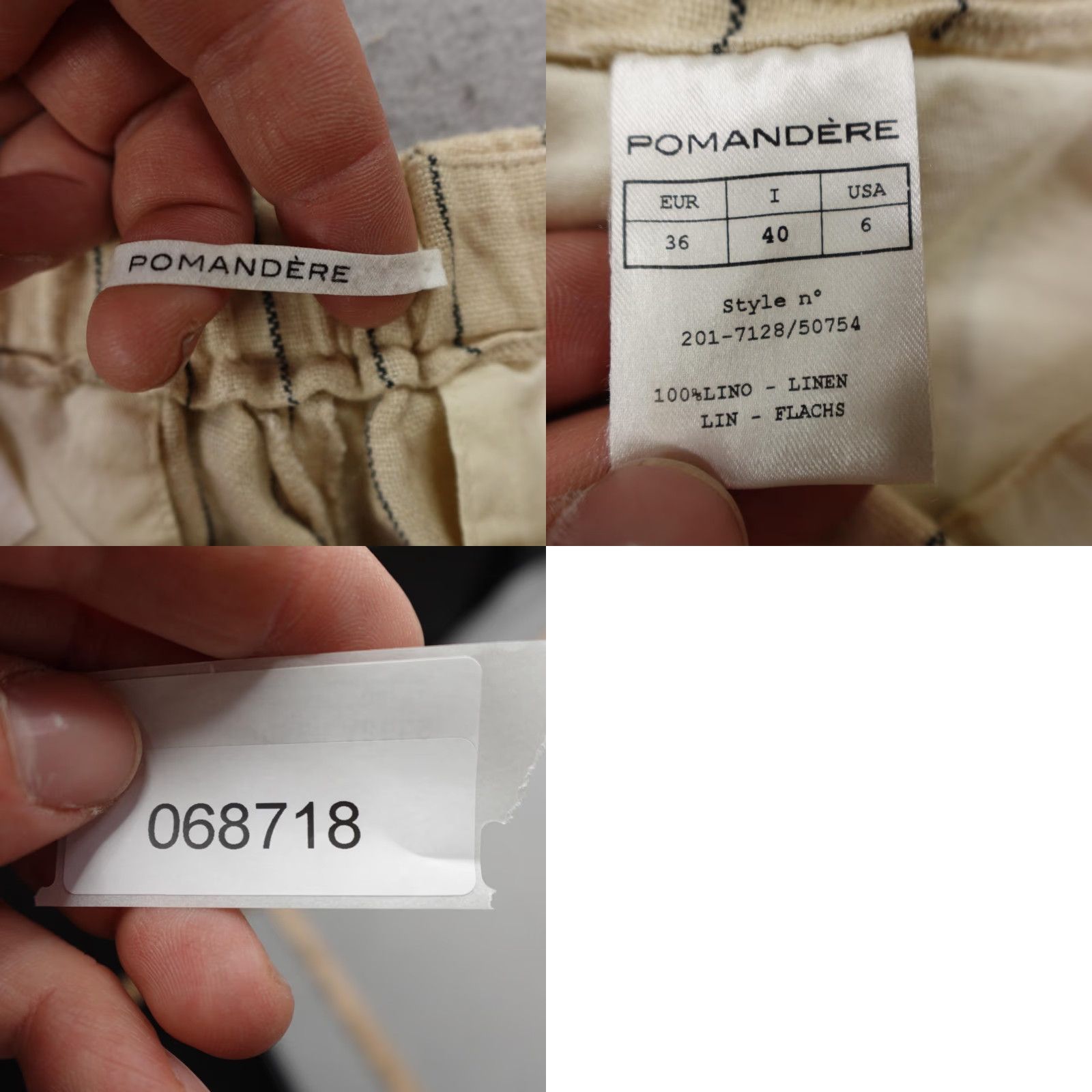 Vintage Pomandère Pants Womens 6 Beige Linen Pinstripe High Rise Wide Leg Baggy Chino Pants, Relaxed, 30 Inseam, Elastic Waist, Pockets, Striped, 0? Size 28" / US 6 / IT 42 - 9 Thumbnail