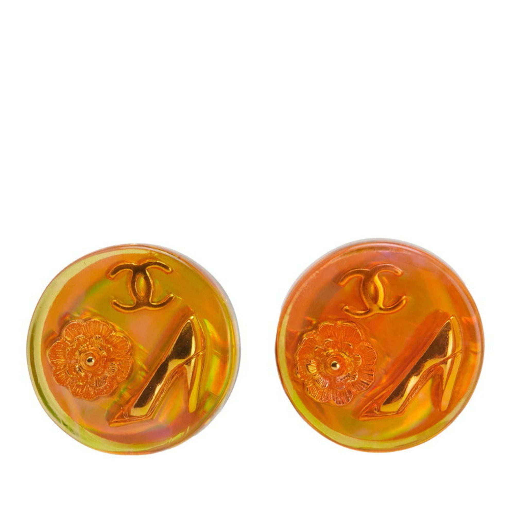 Chanel Chanel Coco Mark Camellia Flower Heel Earrings in Orange Gold Plated Plastic for Women Size ONE SIZE - 1 Thumbnail