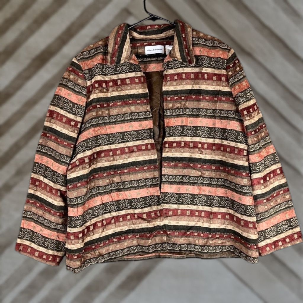 Vintage Alfred Dunner Womens Jacket Orange Brown Aztec Full Zip Shoulder Pads Cotton 20 Size 3XL / US 20-22 - 1 Thumbnail