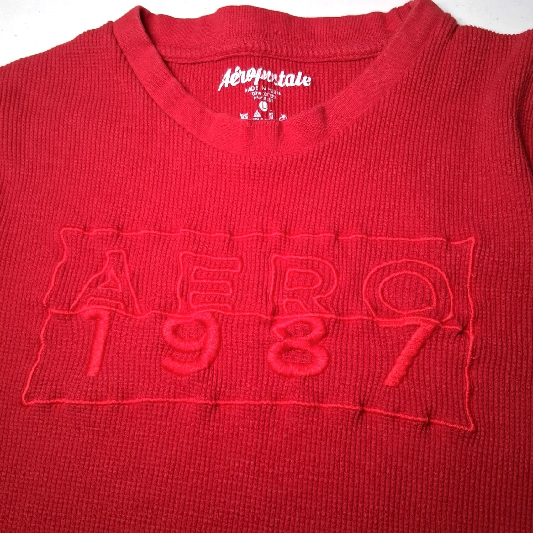 Aeropostale AERO 1987 Aeropostale Thermal Shirt Men L Red Slim Fit Cotton Knit Crew Neck Long Sleeve Waffle T-Shirt Size US L / EU 52-54 / 3 - 2 Thumbnail
