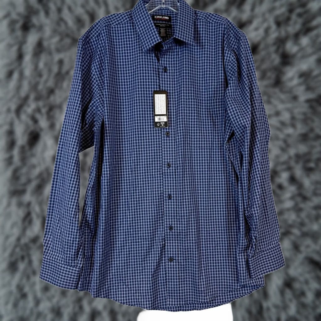Kirkland Signature Dress Shirt Mens 16.5 34/35 Blue Plaid Non-Iron Cott, Men's (Size 46r)