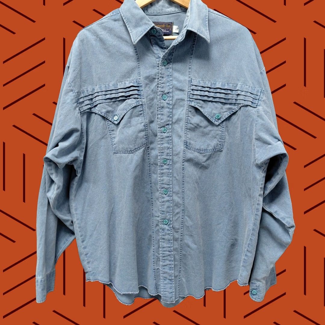 Vintage Panhandle Slim Shirt Blue Solid Denim Mens Button-Up Cotton Long Sleeve XL Made in USA Casual Size US XL / EU 56 / 4 - 1 Thumbnail