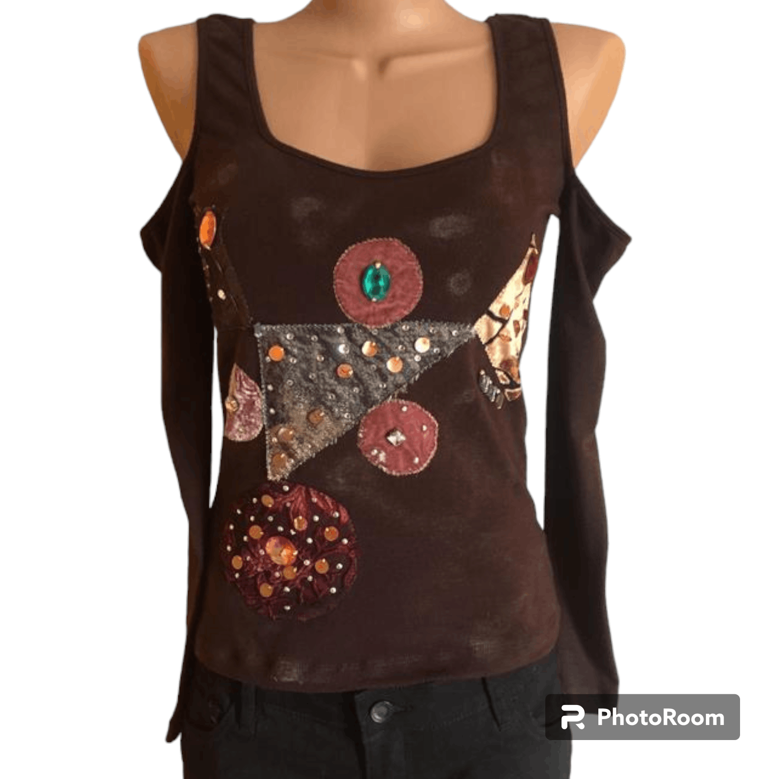 y2k Chocolate brown longsleeve top applique open shoulders S