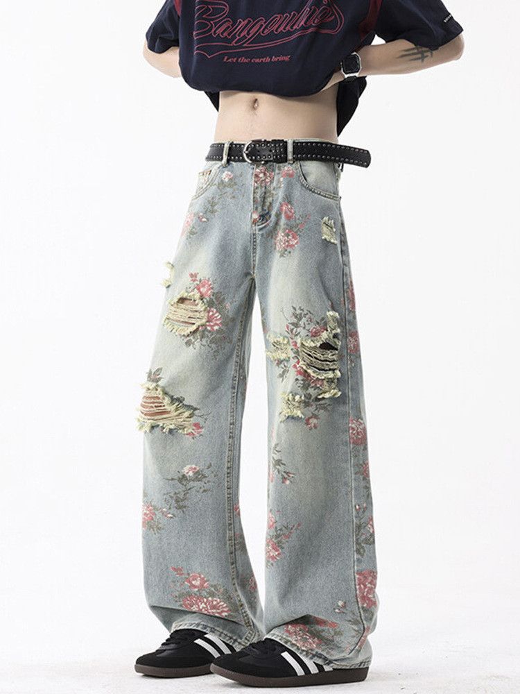 Japanese Brand Men's American high street flared rose pattern ripped jeans Size US 32 / EU 48 - 2 Thumbnail