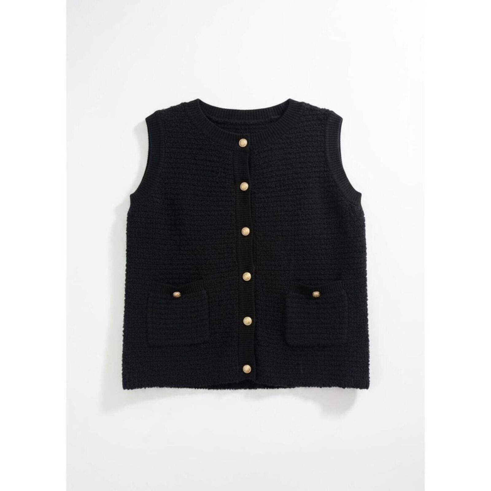 Other Black Sleeveless Button-Up Knit Vest with Pockets Size ONE SIZE - 2 Thumbnail