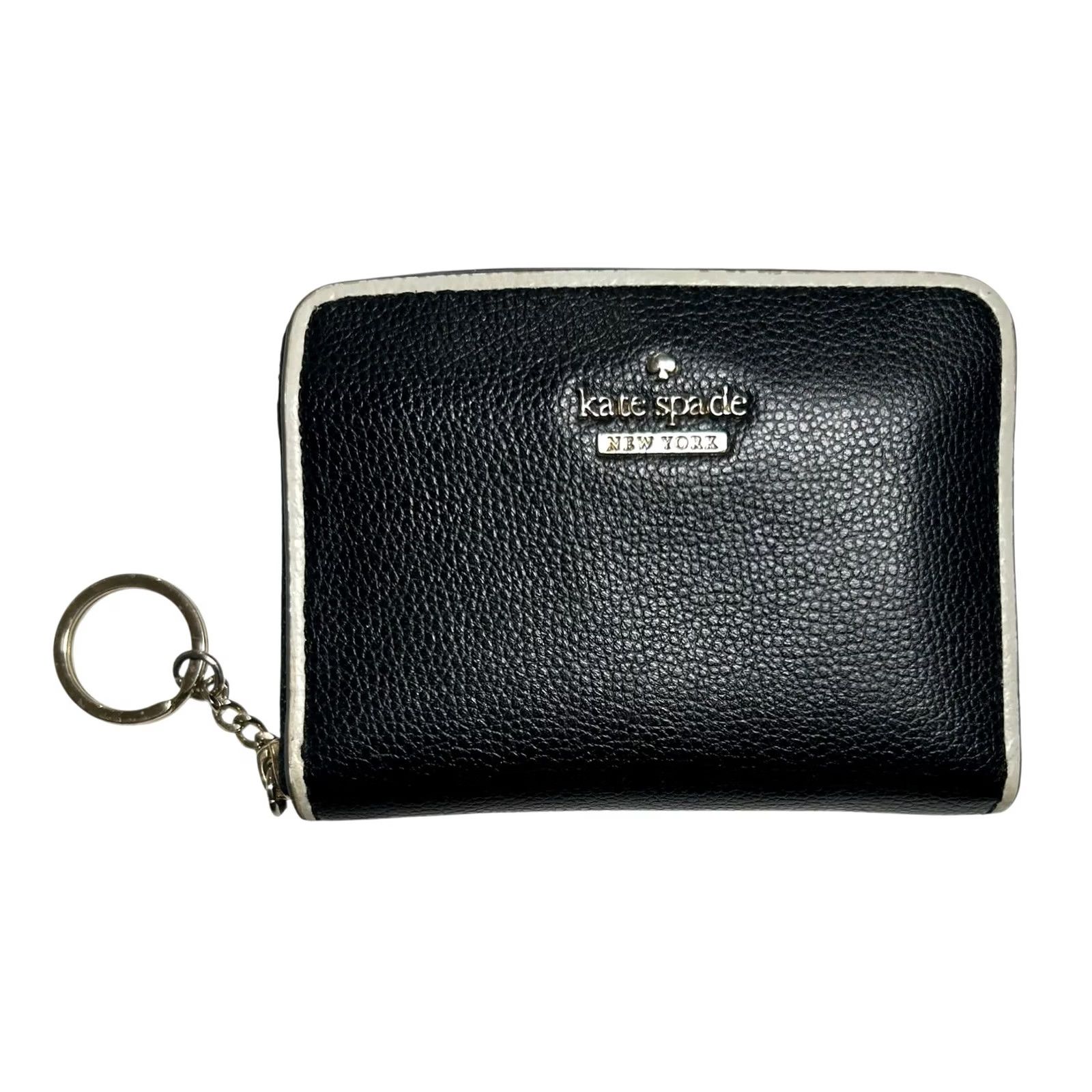 Vintage Kate Spade New York Black Pebbled Leather Zip Around Wallet Key Ring White Trim Woman Small Black Zip-Around Credit Card City Preppy Men/Women Size ONE SIZE - 2 Thumbnail