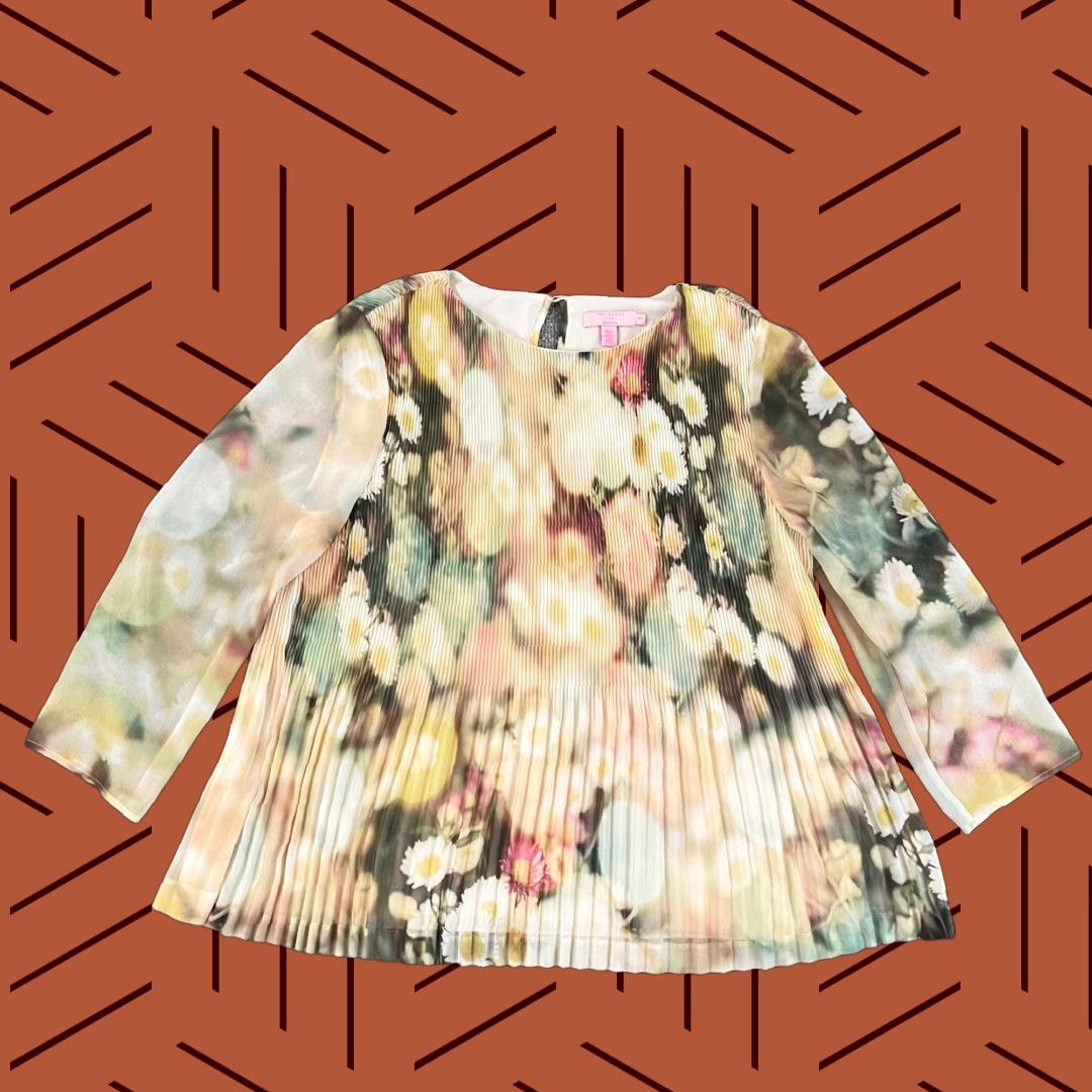 Ted Baker TED BAKER Blouse Shirt Womens 3 US 6-8 Accordion Pleated Daisy Floral Sheer Multicolor 3/4 Sleeve Size XS / US 0-2 / IT 36-38 - 1 Thumbnail
