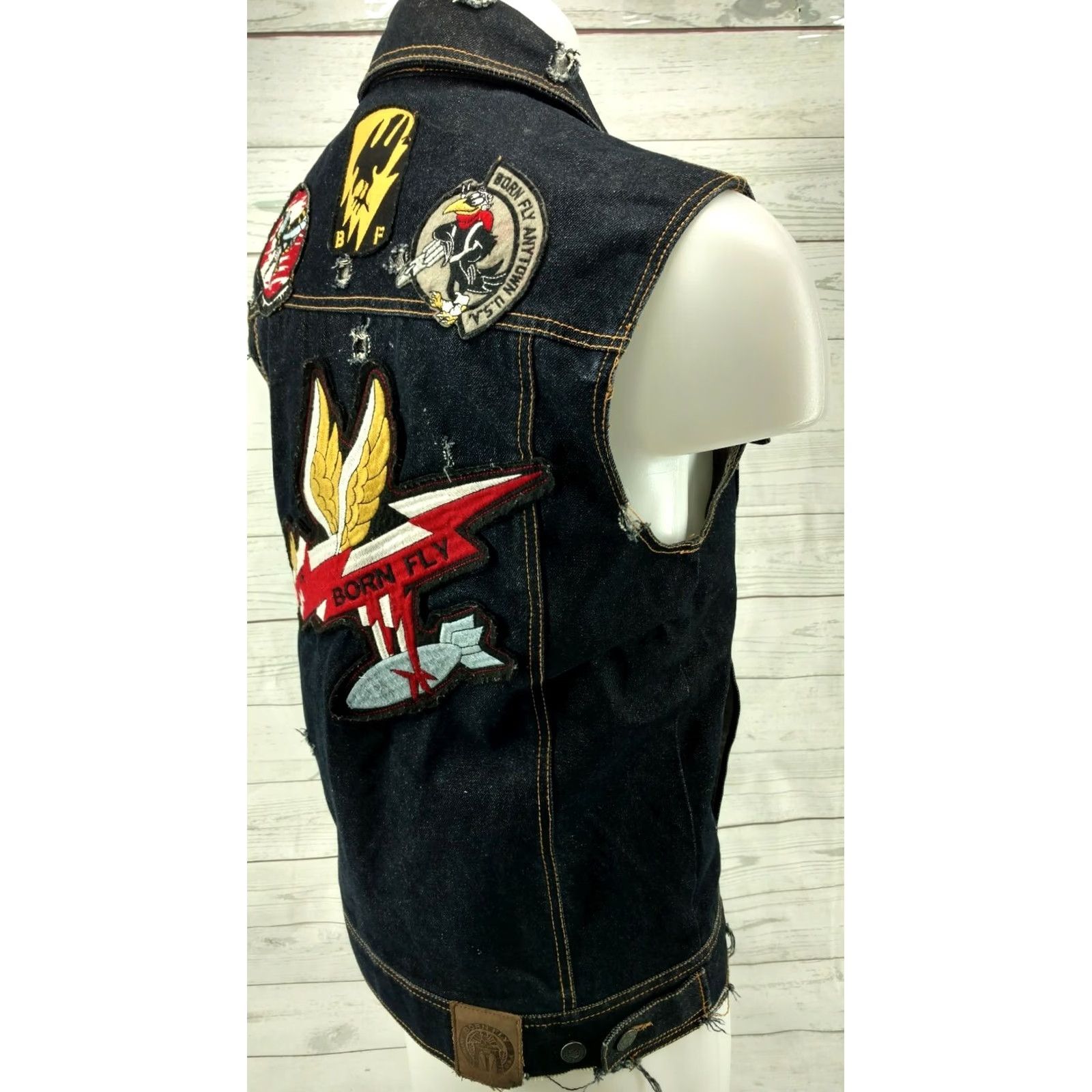 Born Born Fly Blue Denim Distressed Patch Pockets Jean Vest Men's Medium Size US 31 - 2 Thumbnail
