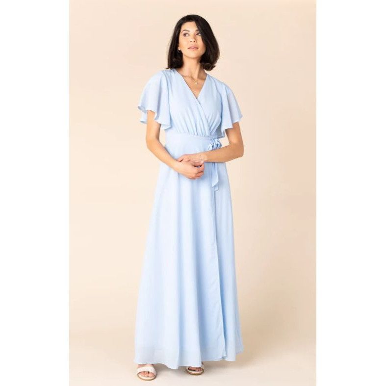 Arbor Womens M Light Blue Chiffon Naples Flutter Wrap Dress