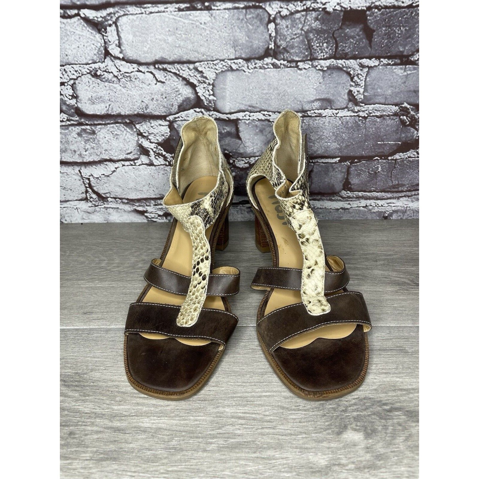 Fiji Fidji Ivory Leather Snake Skin Anke Strap Print Brown Heel S Size US 8 / IT 38 - 2 Thumbnail