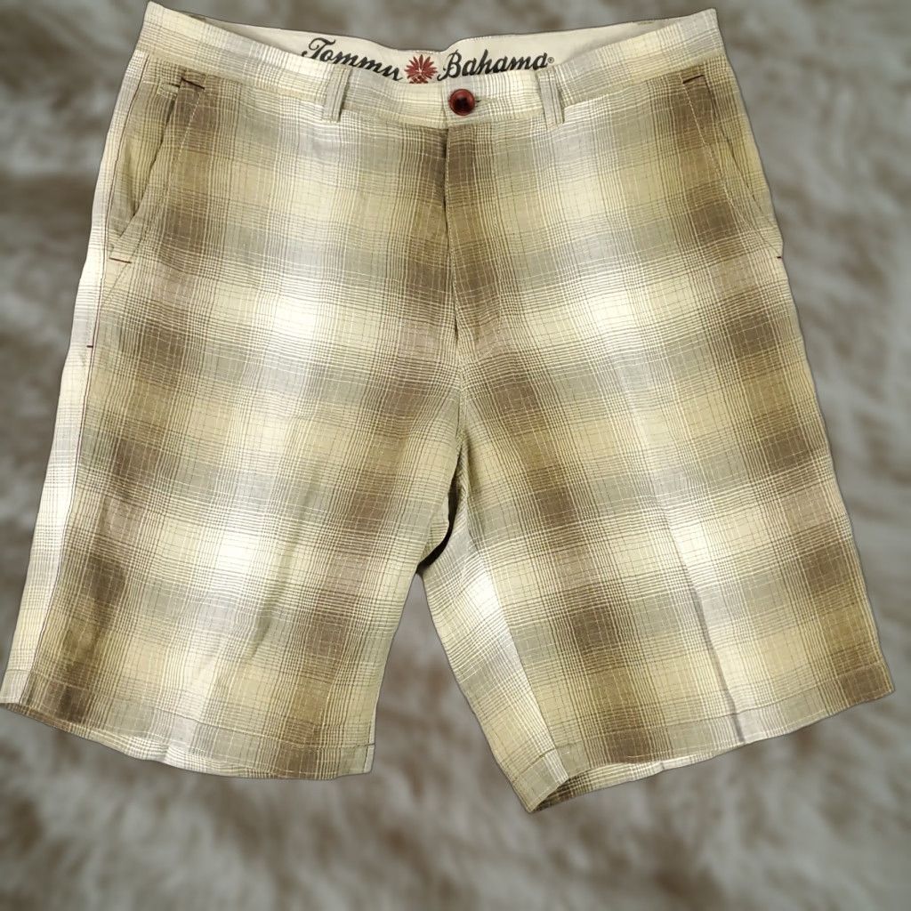 Tommy Bahama VINTAGE Tommy Bahama Shorts Mens Size 36 Beige Plaid Linen Flat Front Chino - Regular Rise, 36" Waist, Summer Menswear Size US 36 / EU 52 - 1 Thumbnail