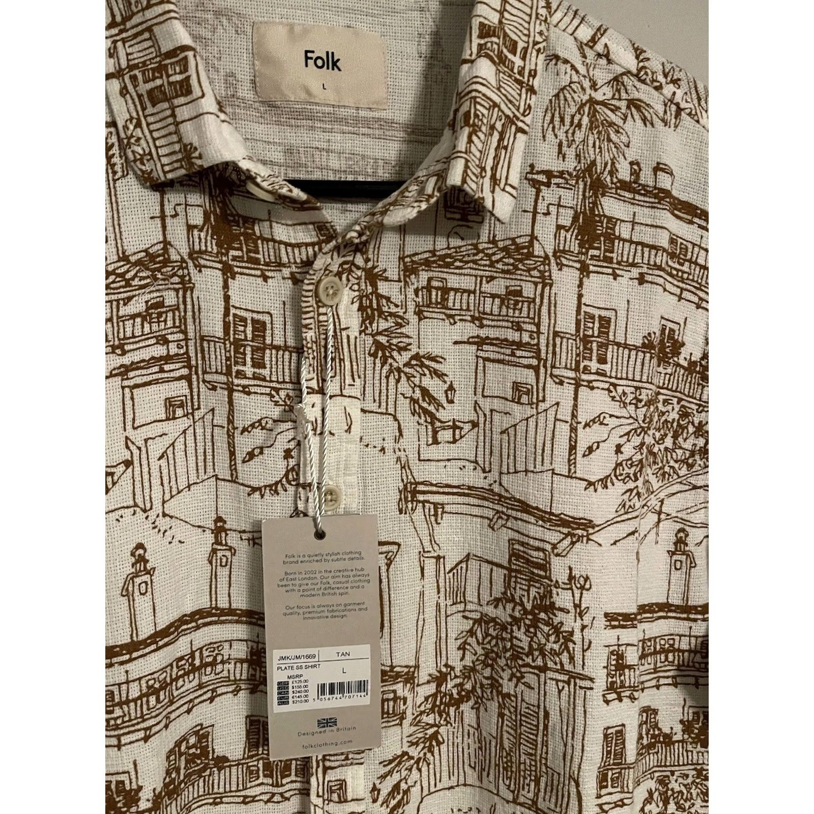 Folk Folk Plate Tan S/S Button-Up Hawaiian Shirt Floral Town Men's L New Size US L / EU 52-54 / 3 - 2 Thumbnail