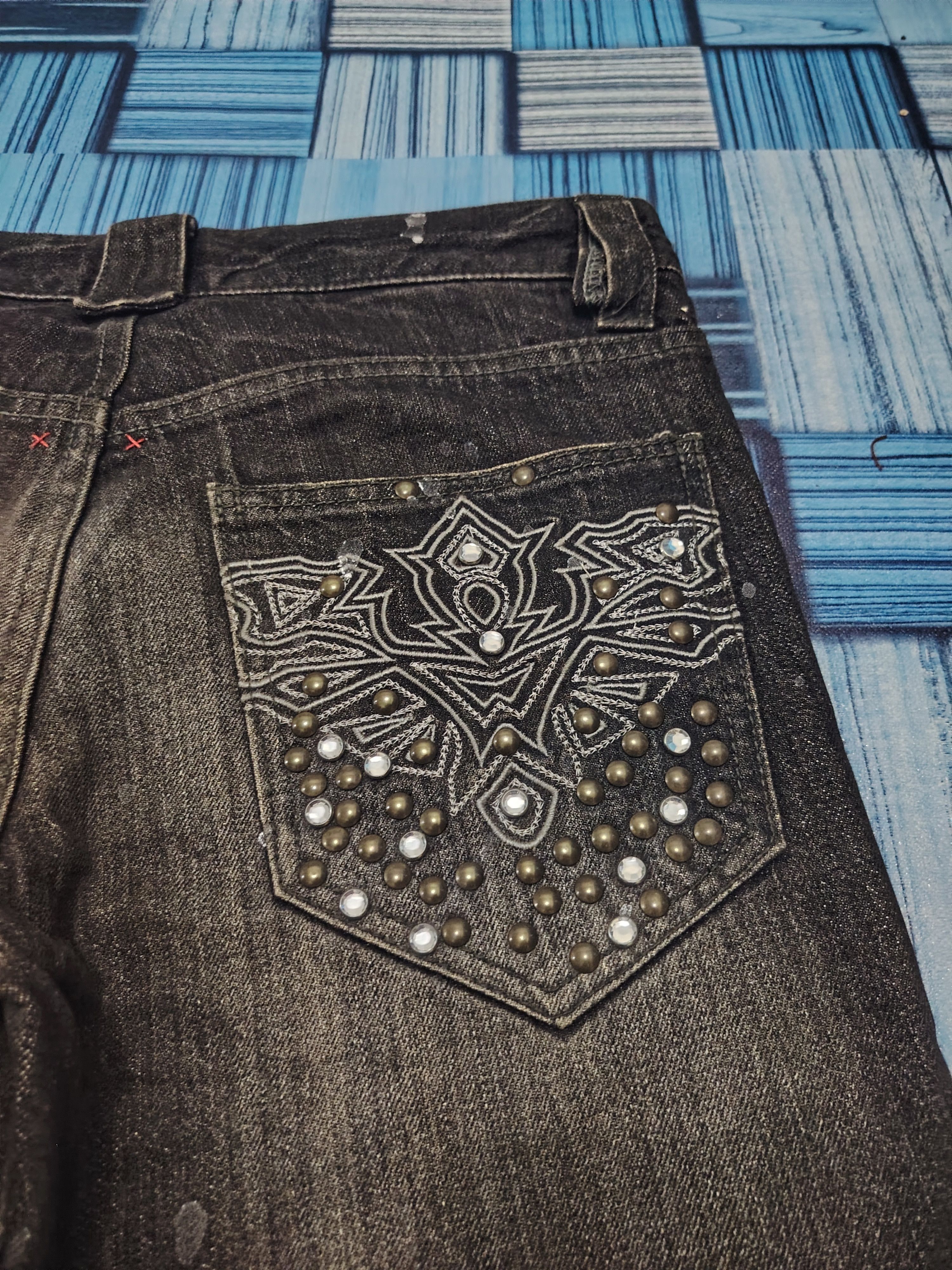 If Six Was Nine Rare!!! Japanese Semantic design Jeans Rhinenstone Pocket Size US 31 - 16 Thumbnail