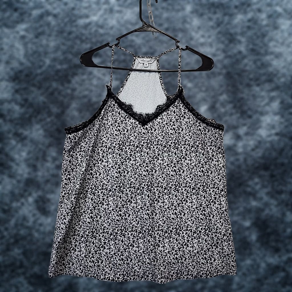 Vintage Eden Ruth Camisole Tank Top Racerback V-Neck Lace Trim Floral Black & White Womens M Lace Tank Top Size M / US 6-8 / IT 42-44 - 1 Thumbnail