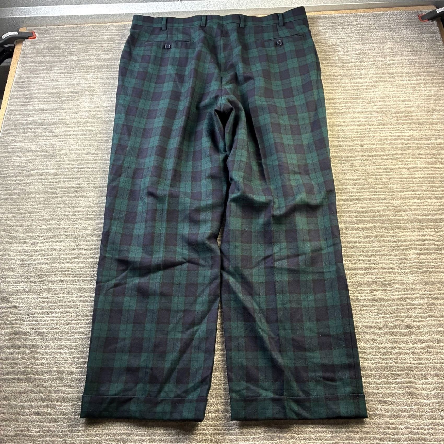 Vintage Paul Fredrick Pants Mens 39 Green Blue Tartan Plaid Pleated Wool Chino Straight Classic Casual Formal Dressy 5-Pocket Zipper Button Inseam 30in Size US 39 - 2 Thumbnail