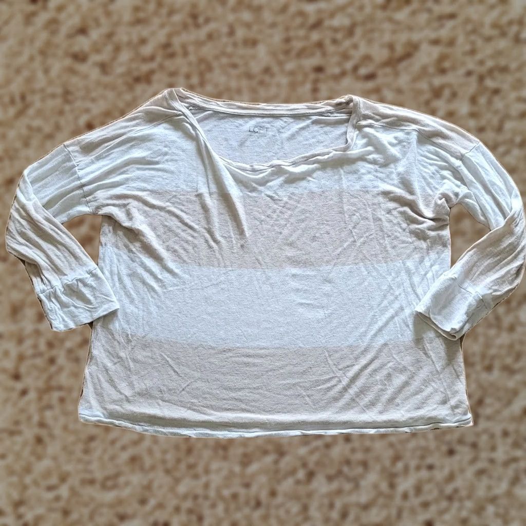 Ann Taylor LOFT Shirt Womens M Beige White Striped Linen Blend 3/4 Sleeve Top Regular Fit Womens Size M / US 6-8 / IT 42-44 - 1 Thumbnail