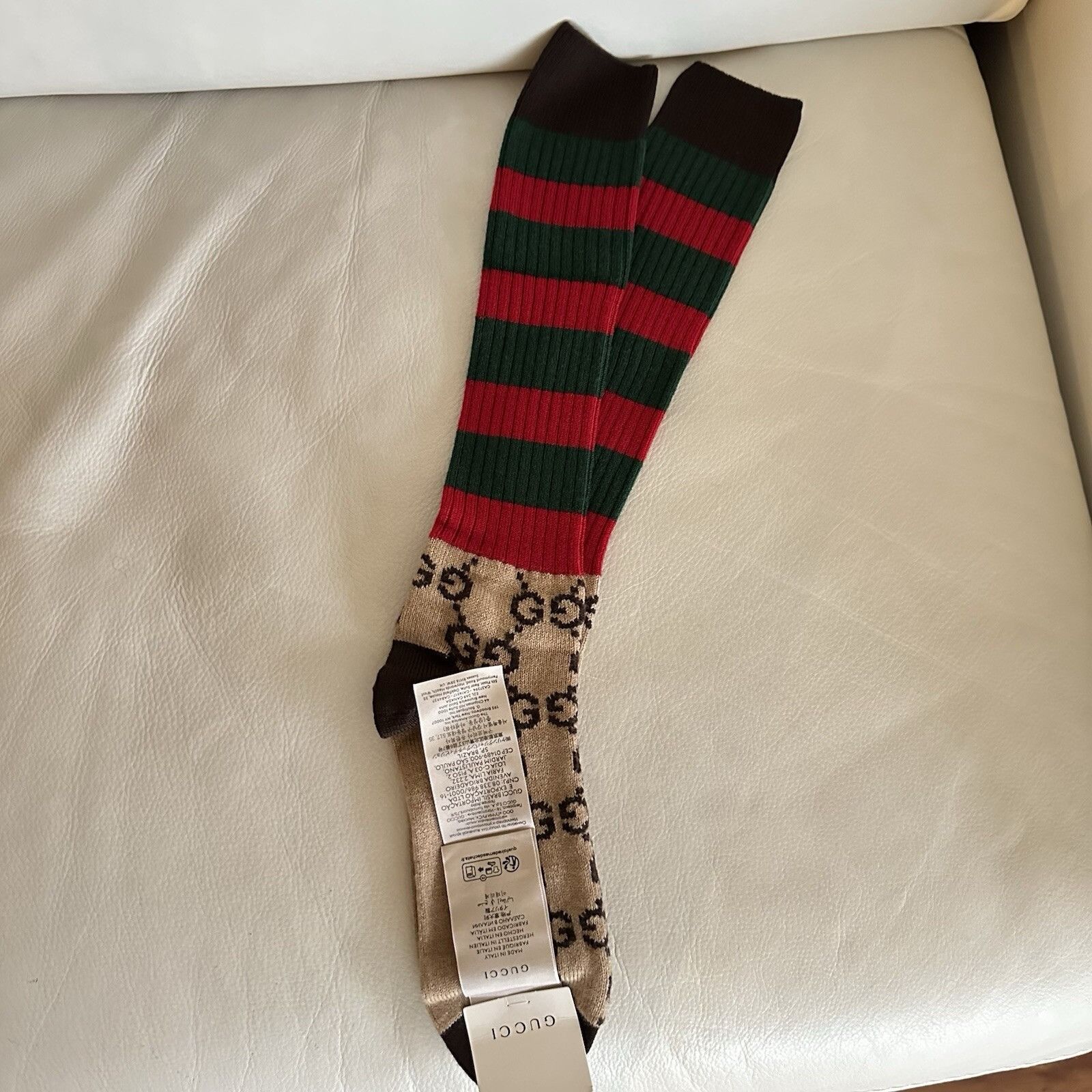 Gucci NEW GUCCI GG Striped Wool Socks Web GG Brown Green Red 100% Size ONE SIZE - 2 Thumbnail