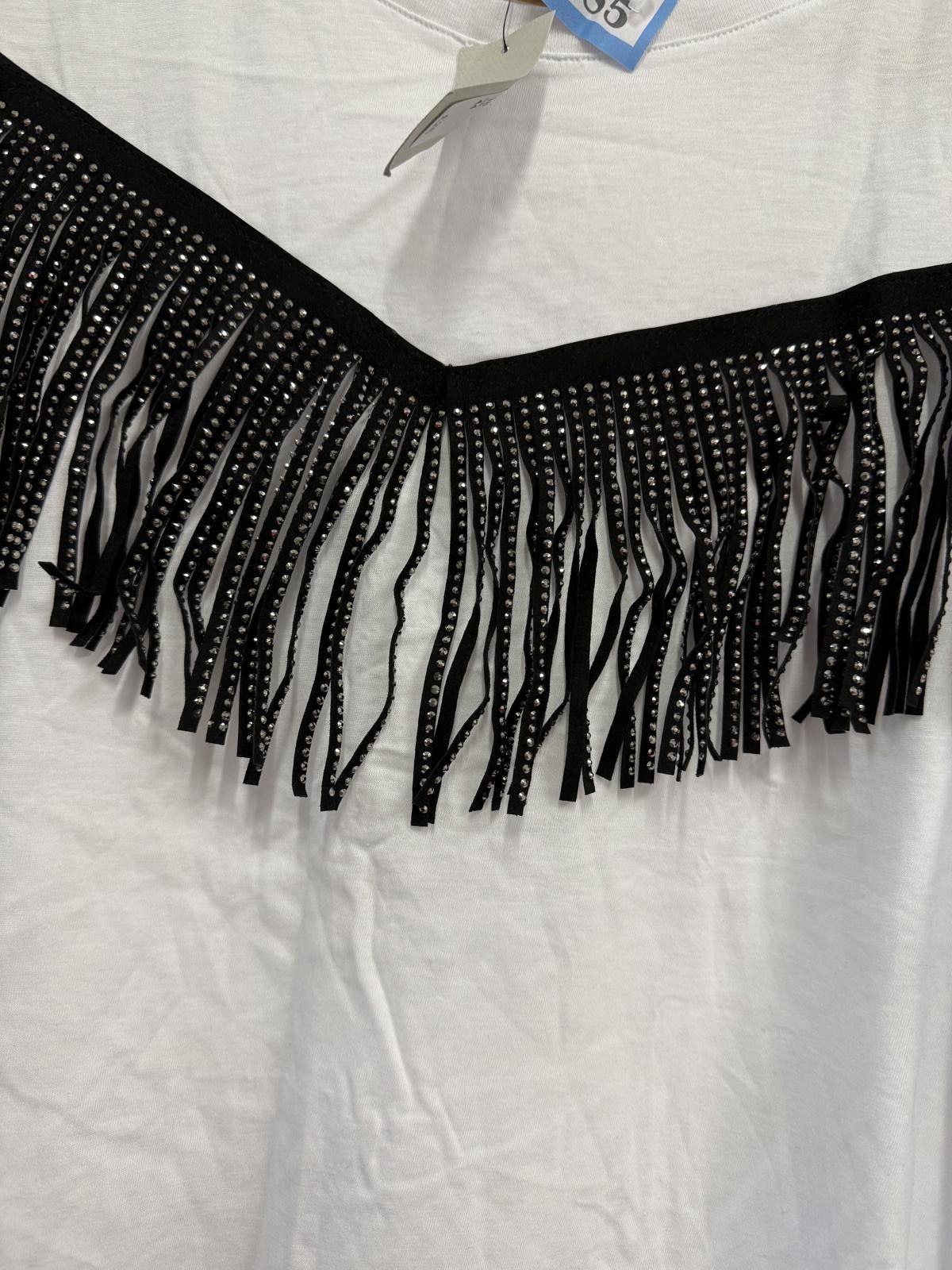 River Island River Island White T-Shirt with Black Studded Fringe Detail, Size XL / US 12-14 / IT 48-50 - 3 Thumbnail