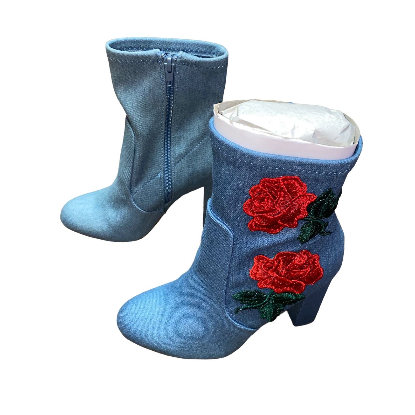 Other Bamboo Blue Denim Rose Flower Embroidered Ankle Booties 6 Size US 6 / IT 36 - 2 Thumbnail