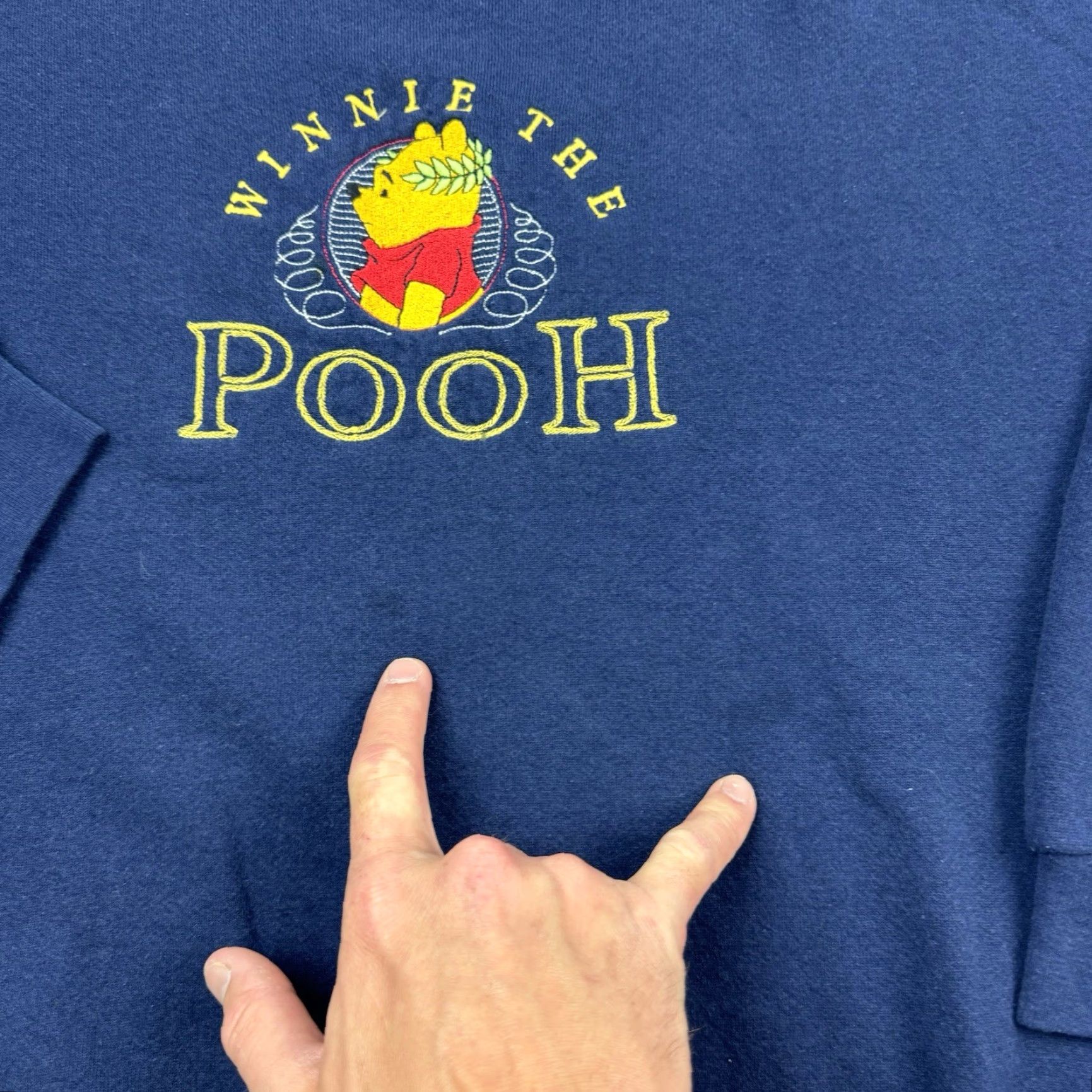 Disney VINTAGE Winnie the Pooh Sweatshirt Women XL Blue Embroidered Disney World 90s Pullover Crew Neck Mens Womens Size XL / US 12-14 / IT 48-50 - 3 Thumbnail