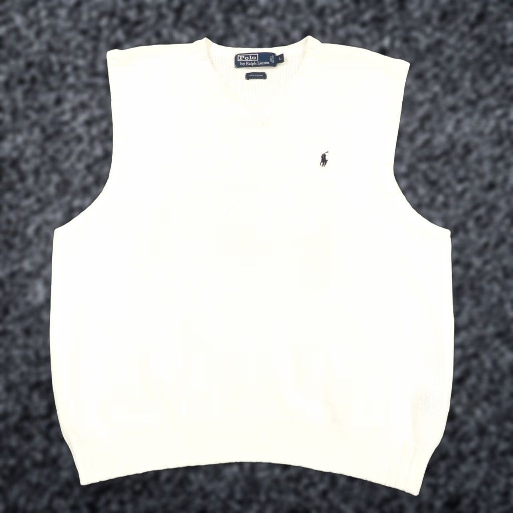 Polo Ralph Lauren VTG Polo Ralph Lauren Sweater Vest Mens L White Crew Neck Cotton Knit 90s Navy Pony Rib Polo Ralph Lauren 90s Designer Horse Size US L / EU 52-54 / 3 - 1 Thumbnail