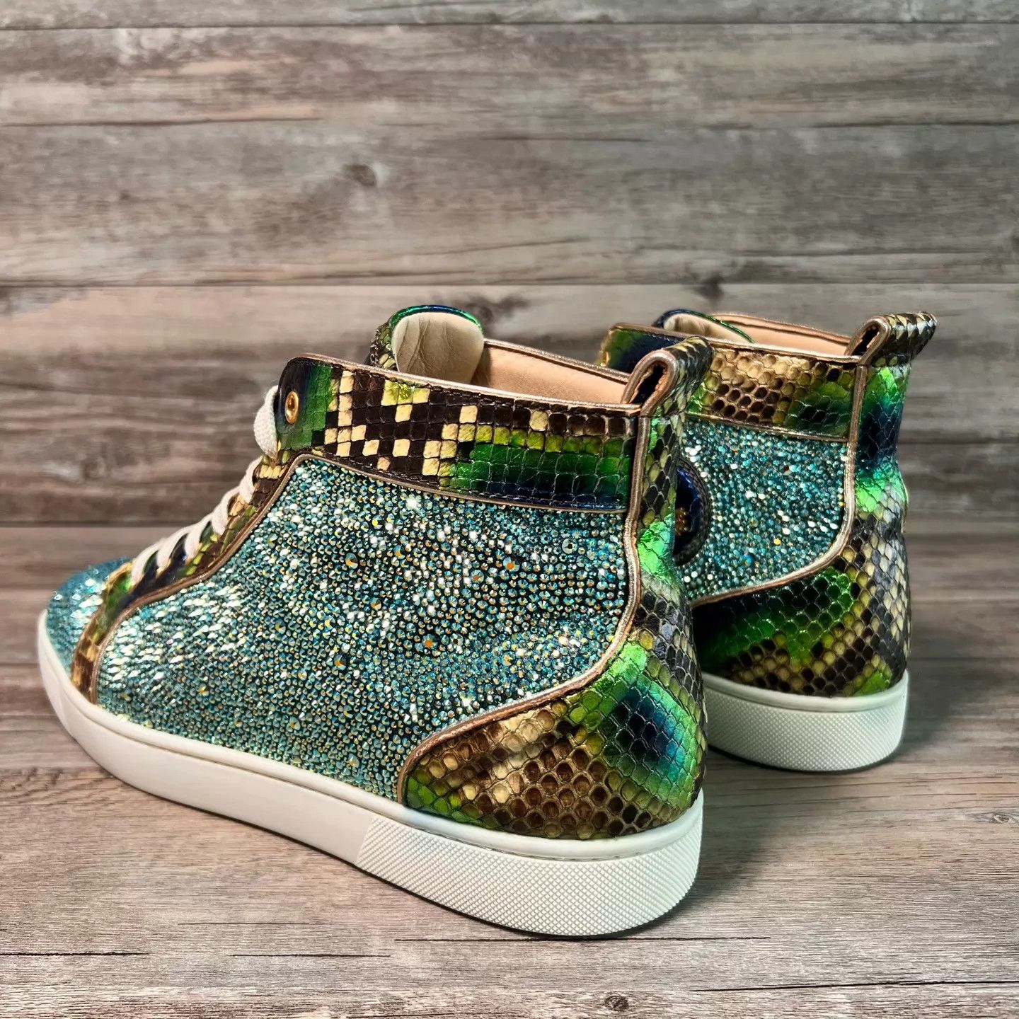 Christian Louboutin CL Green Snake Skin High-Top Crystal Red Sole Sneaker Size US 10.5 / EU 43-44 - 4 Thumbnail