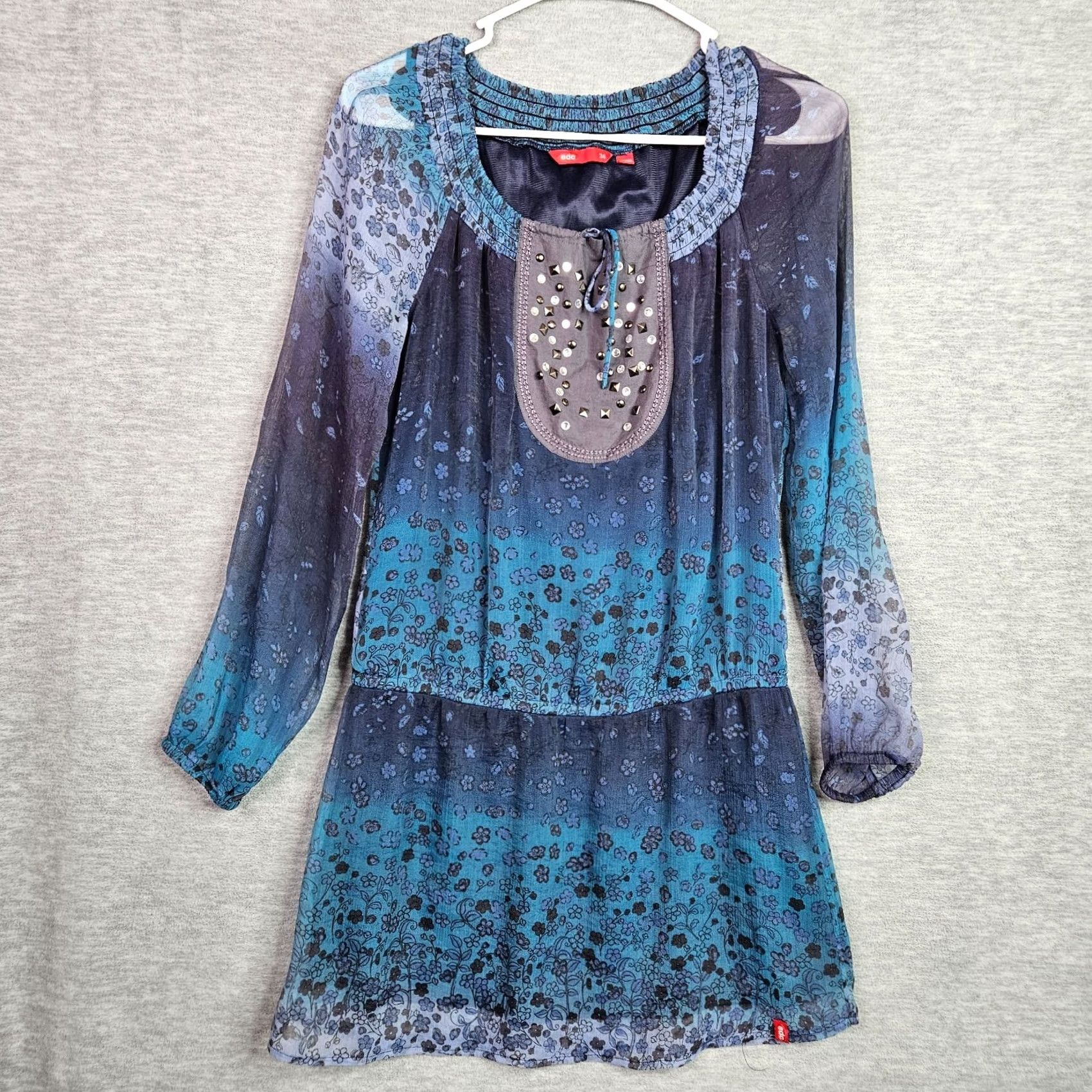 Esprit EDC by Esprit Floral Chiffon Dress Women's XS Blue Floral Stud Detail Boho A-Line Casual 3/4 Sleeve Size XS / US 0-2 / IT 36-38 - 2 Thumbnail