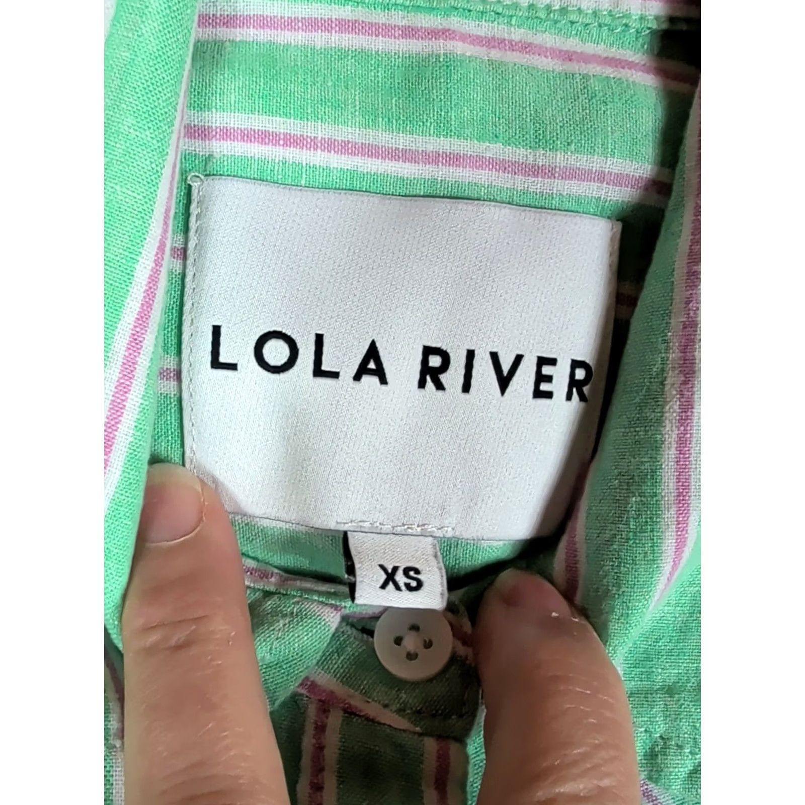 Vintage Lola River Women's Coastal Striped Button Down Shirt XS Linen Blend Green Cap Sleeve Short Sleeve Relaxed Fit Button-Up Casual Travel Size XS / US 0-2 / IT 36-38 - 4 Thumbnail