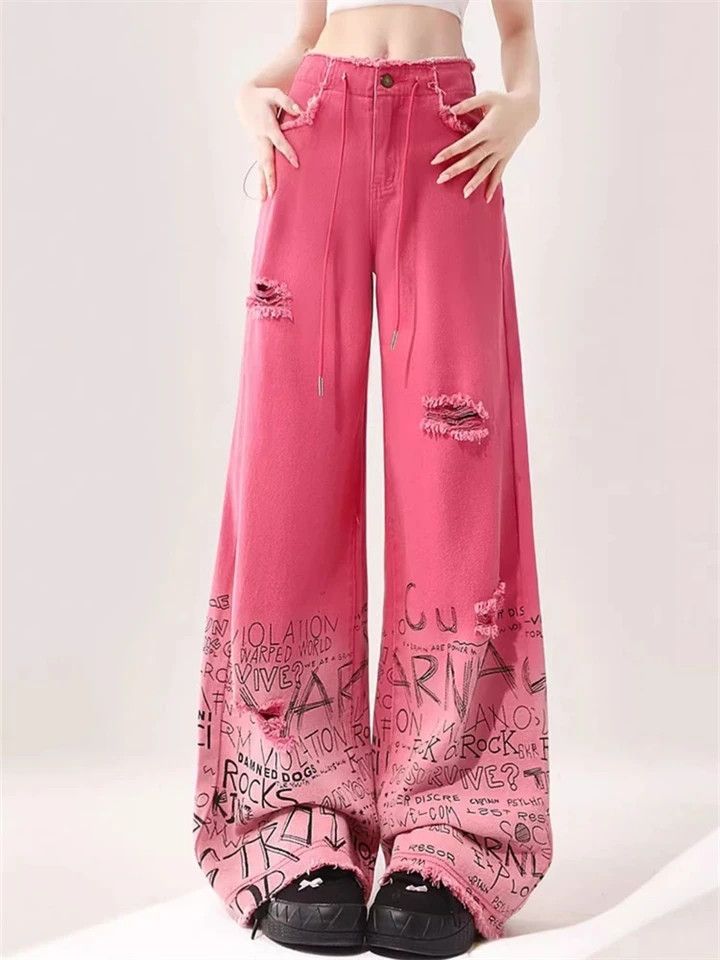 Women's Letter Printing Gradient Pink Thin Jeans