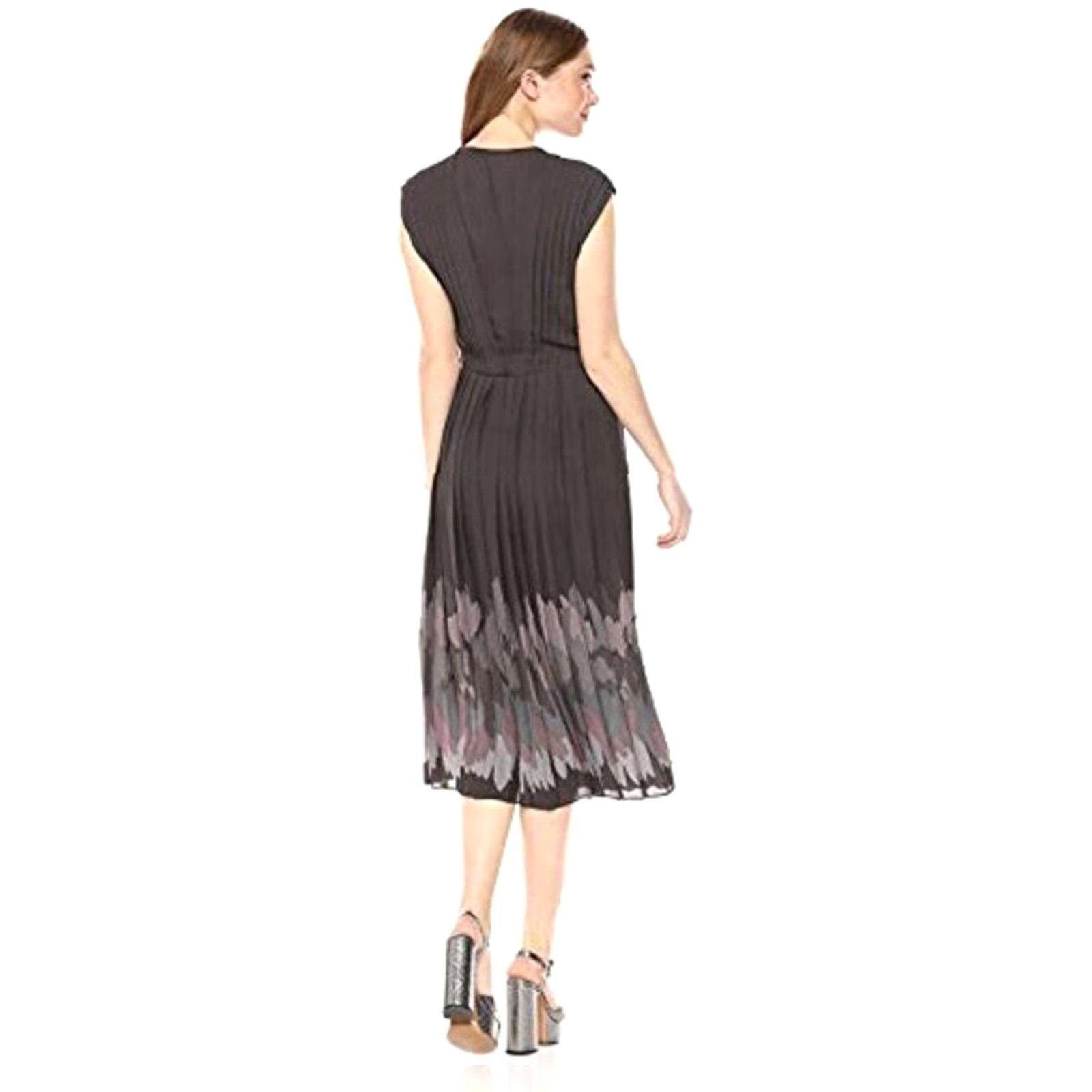 Drew Dear Drew by Drew Barrymore Pleated Gray Painted V-Neck Midi Dress Size 2 NWT Size XS / US 0-2 / IT 36-38 - 2 Thumbnail