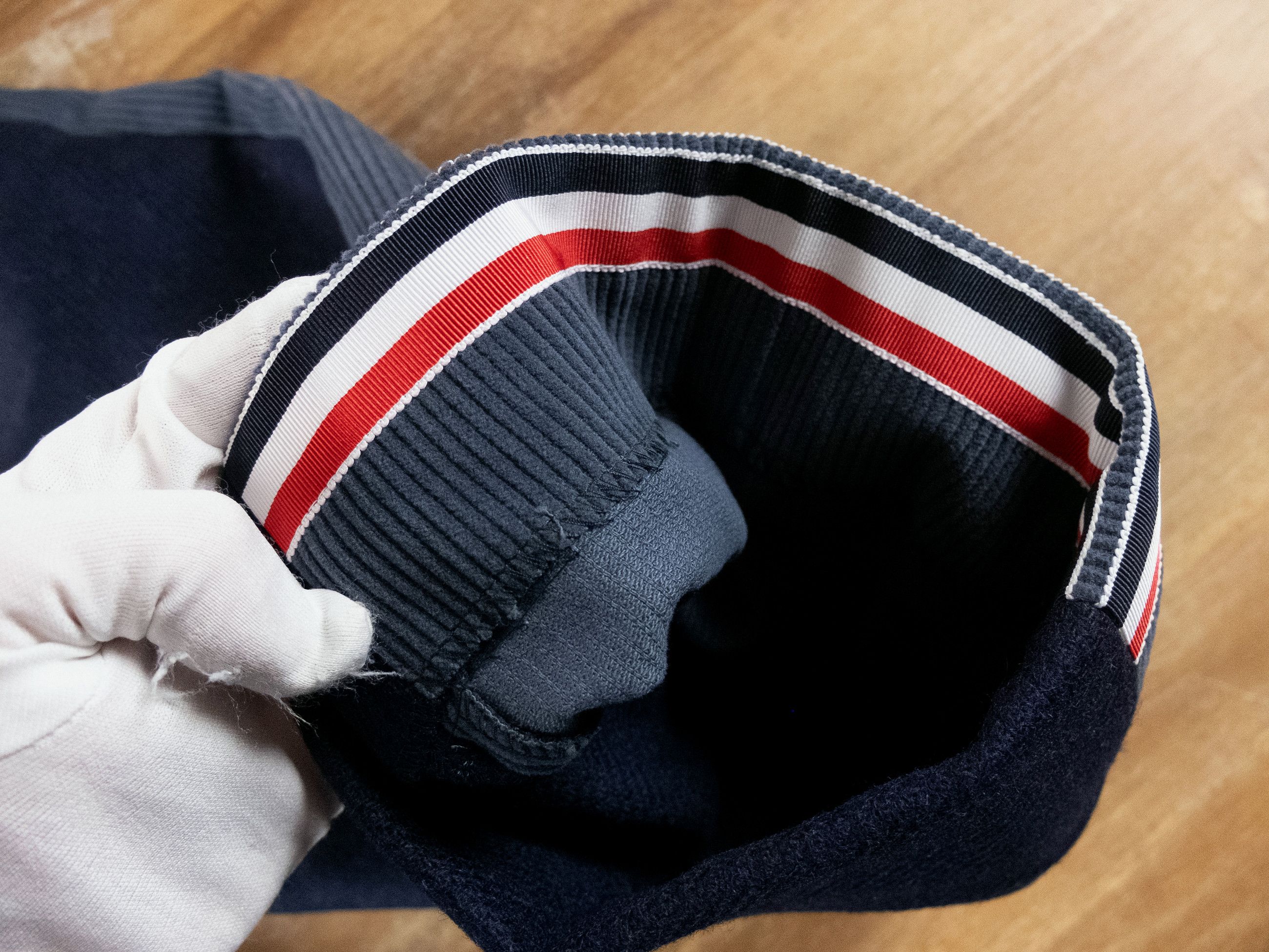 THOM BROWNE Fun-Mix blue wool & corduroy backstrap pants
