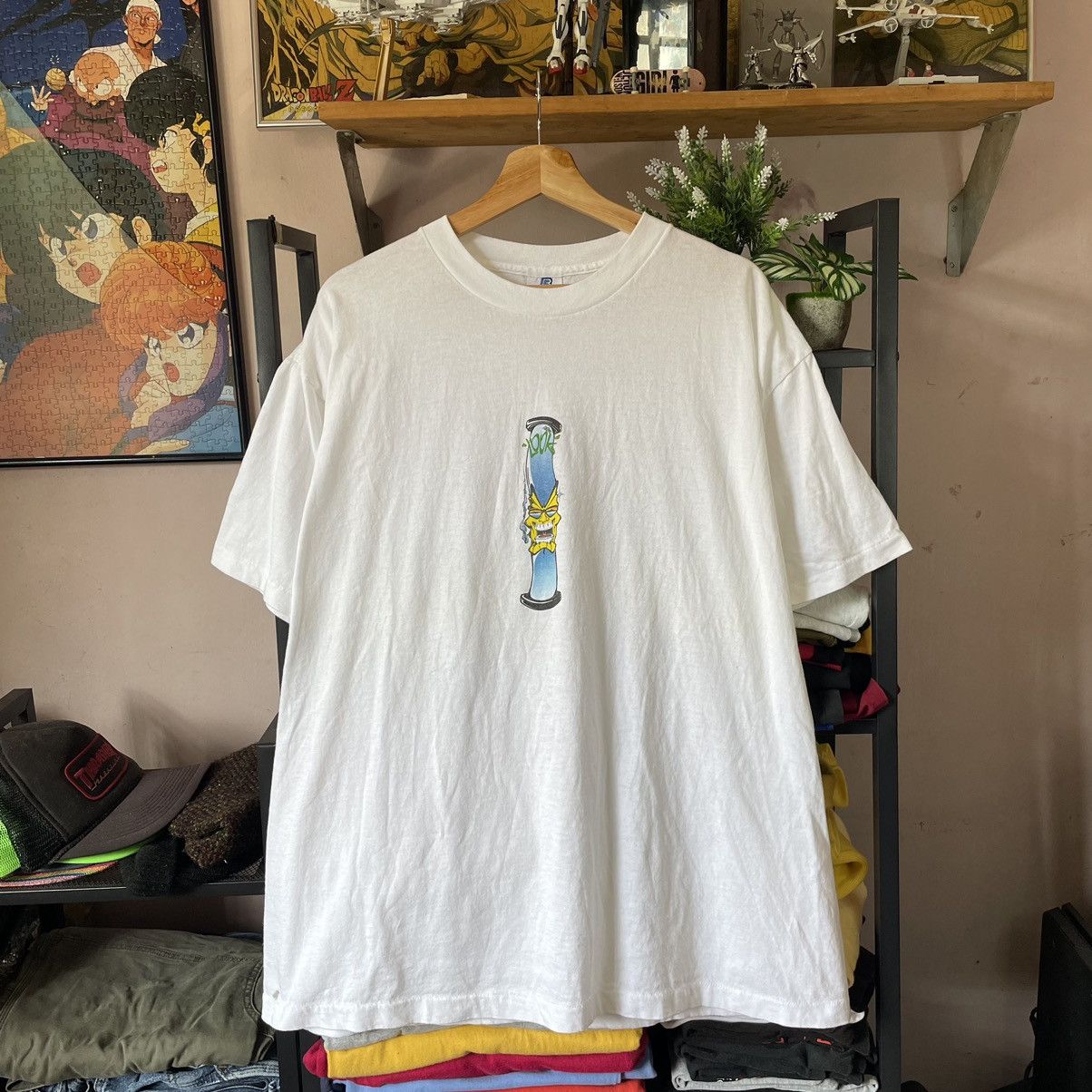 image of Hook Ups x Skategang Vintage Bong Look Skateboard Tee Shirt in White, Men's (Size XL)