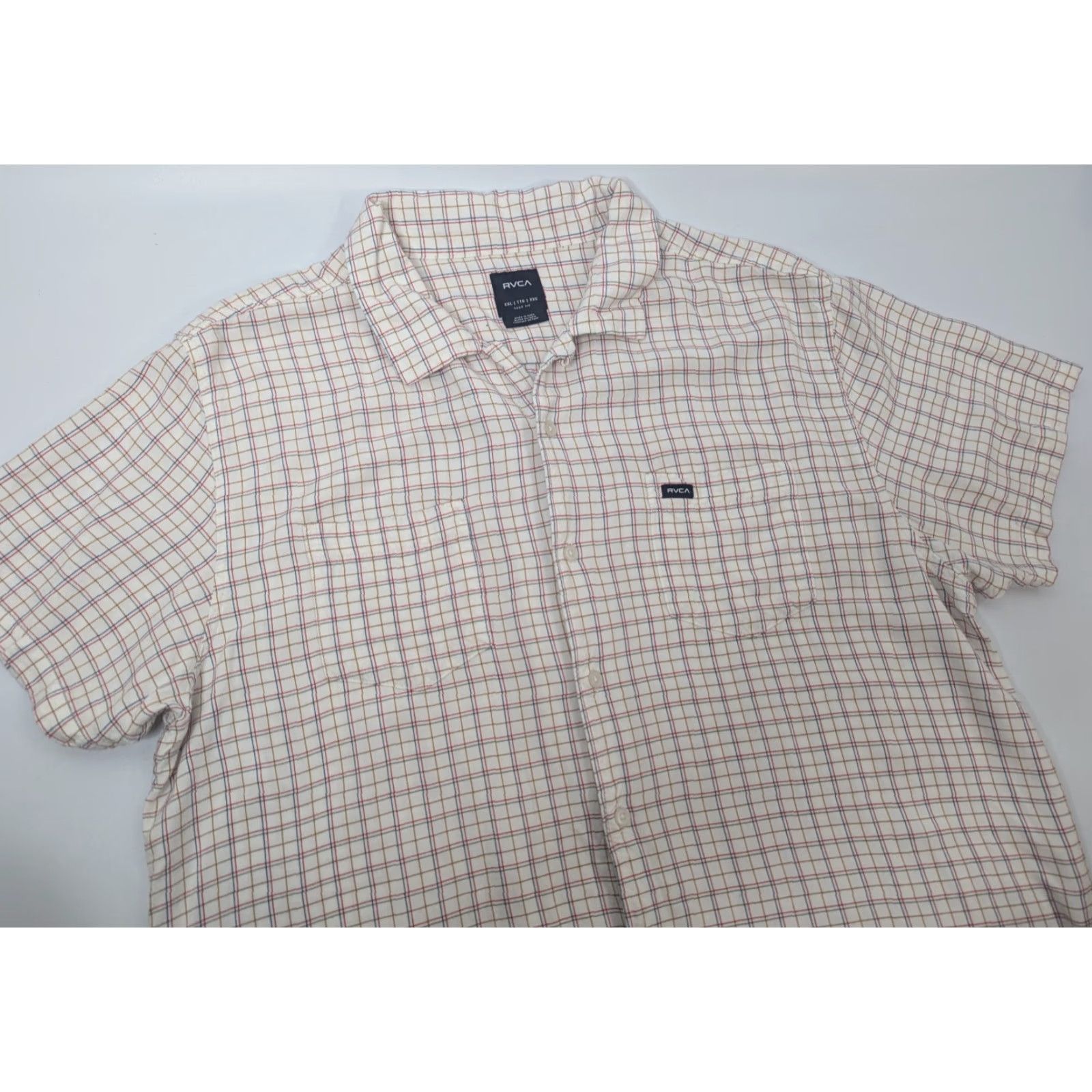 RVCA RVCA Plaid Shirt Men's 2XL Short Sleeve Casual Button-Up Beach Collared Pocket Ivory Size US XXL / EU 58 / 5 - 2 Thumbnail
