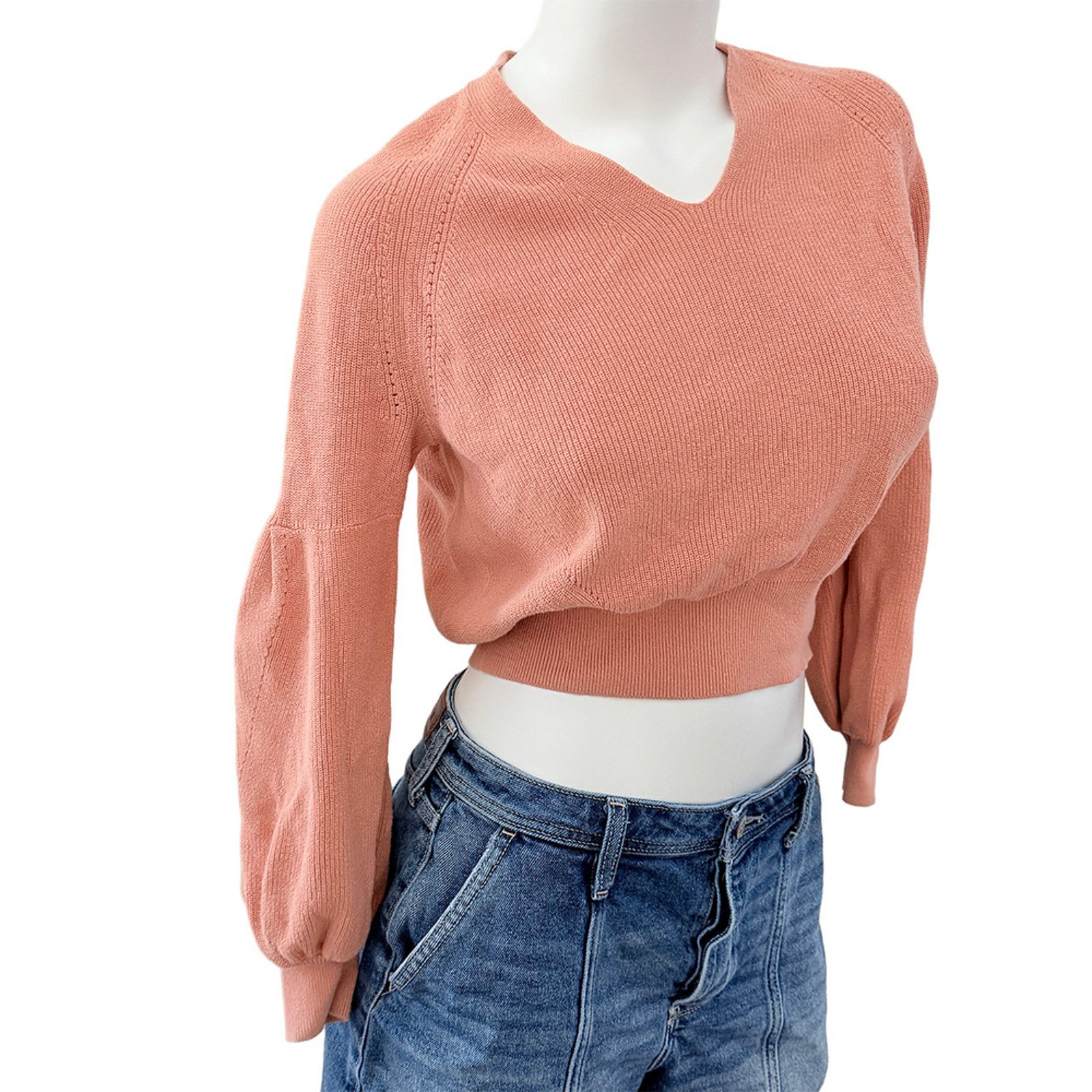 Express Oversized balloon sleeve v-neck ribbed knit cropped top Size XS / US 0-2 / IT 36-38 - 4 Thumbnail