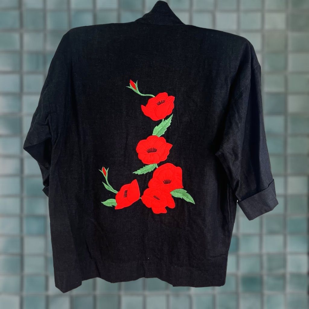 Denime VINTAGE Flo-Rees Floral Denim Blazer Womens 2XL Black Embroidered 80s 90s Size XXL / US 16-18 / IT 52-54 - 1 Thumbnail