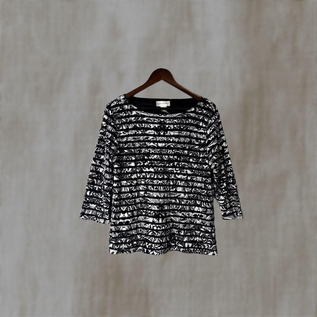Vintage VINTAGE Draper's & Damon's Women's Blouse Shirt 3/4 Sleeve Black White Patterned Top Size L Mens? Size L / US 10 / IT 46 - 1 Thumbnail