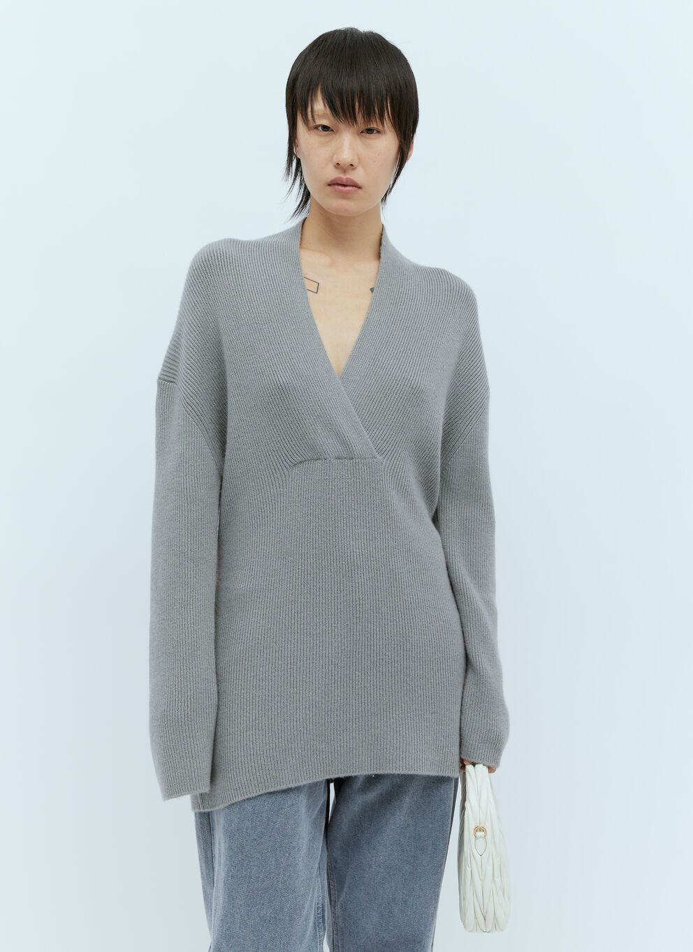 image of Toteme Overlapped V Neck Knit Sweater in Grey, Women's (Size Medium)