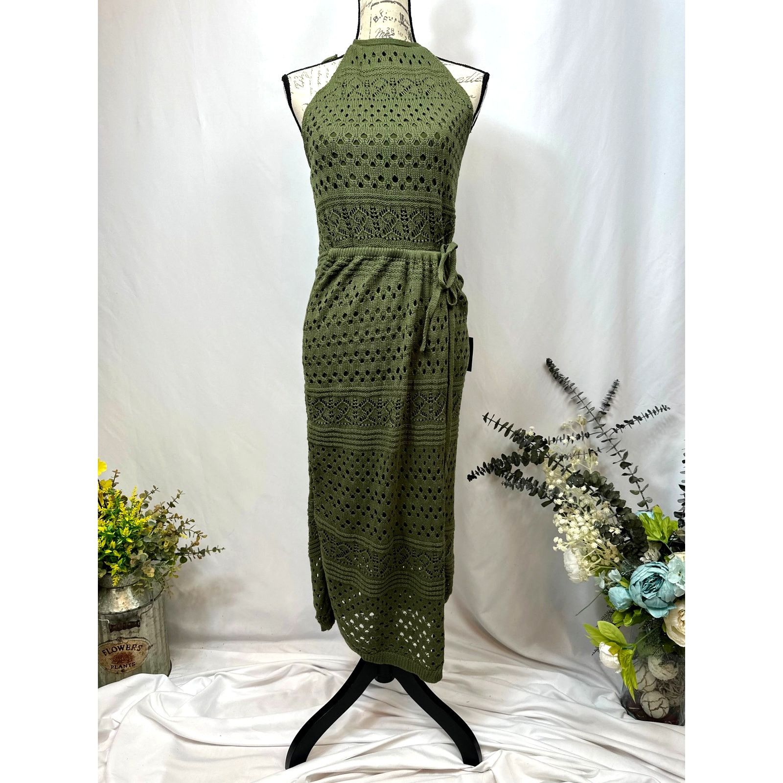 Other Lulu's Blissful Strolls Crochet Wrap Halter Midi Olive L Size L / US 10 / IT 46 - 10 Thumbnail