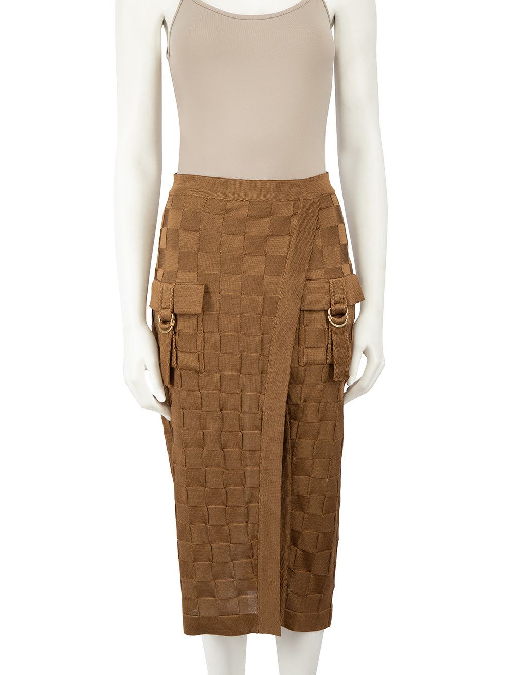 image of Balmain Brown Woven Pattern Pocket Detail Skirt, Women's (Size 28)