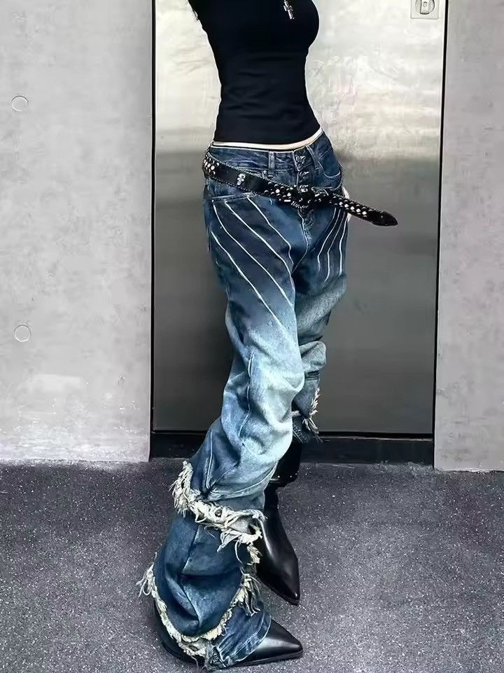 Japanese Brand Retro Y2K Style Patchwork Blue Baggy Stacked Jeans Size 28" / US 6 / IT 42 - 1 Thumbnail