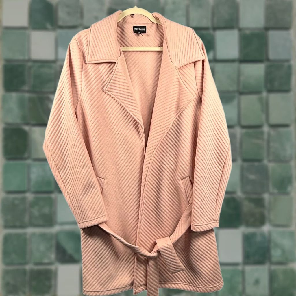 Steve Madden Steve Madden XL Women Trench Coat Knit Tie Waist Mid-Length Pink Ribbed Textured Solid Size XL / US 12-14 / IT 48-50 - 1 Thumbnail