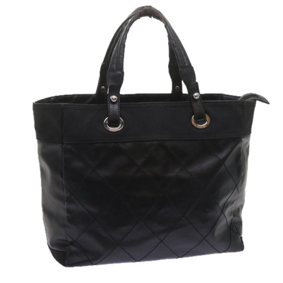 image of Chanel Paris Biarritz Mm Tote Bag Coated Canvas Black Cc Auth Bs10905, Women's