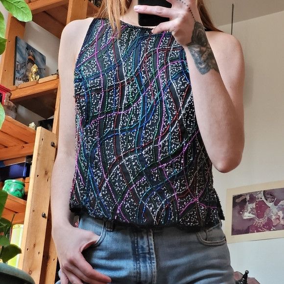 Holt Renfrew Holt Renfrew Vintage Beaded Black 100% Silk Top - Size L Size L / US 10 / IT 46 - 7 Thumbnail