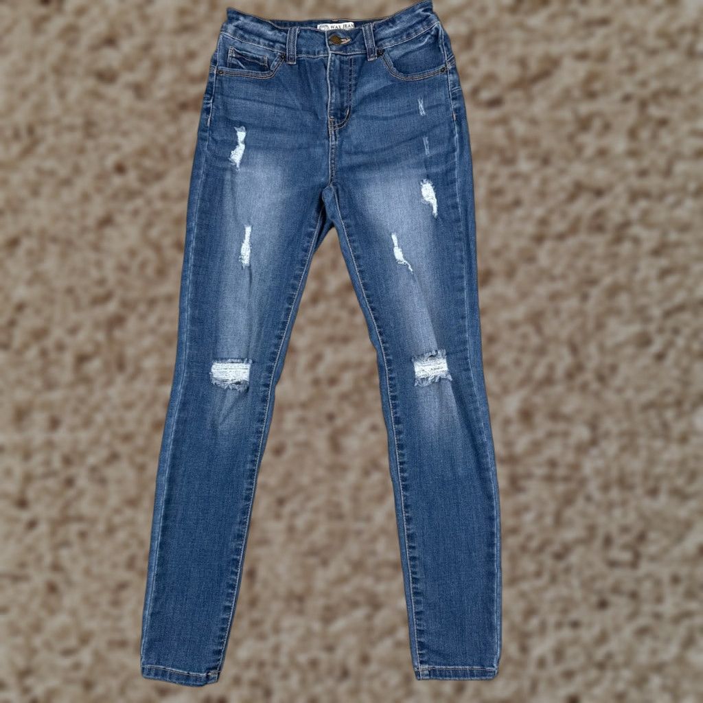 Vintage Wax Jeans Juniors Blue Denim Skinny Mid Rise 25x28 Womens Jeans 3 Distressed Pockets 5-Pocket Design Cotton Blend Cotton Size 26" / US 2 / IT 38 - 1 Thumbnail