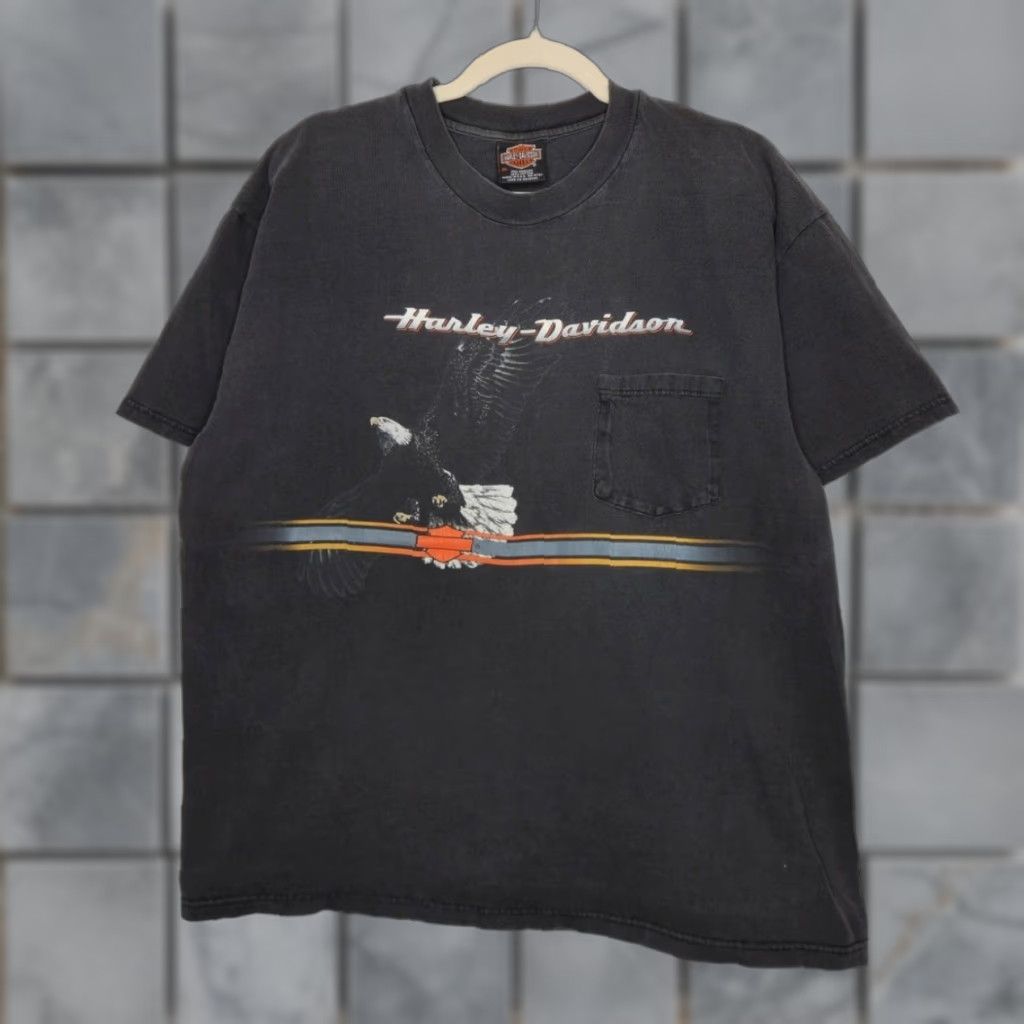 Harley Davidson VINTAGE Harley Davidson Eagle Pocket Black Double Sided Shirt XL Unisex Adults HD Stripe Boss? Size US XL / EU 56 / 4 - 1 Thumbnail