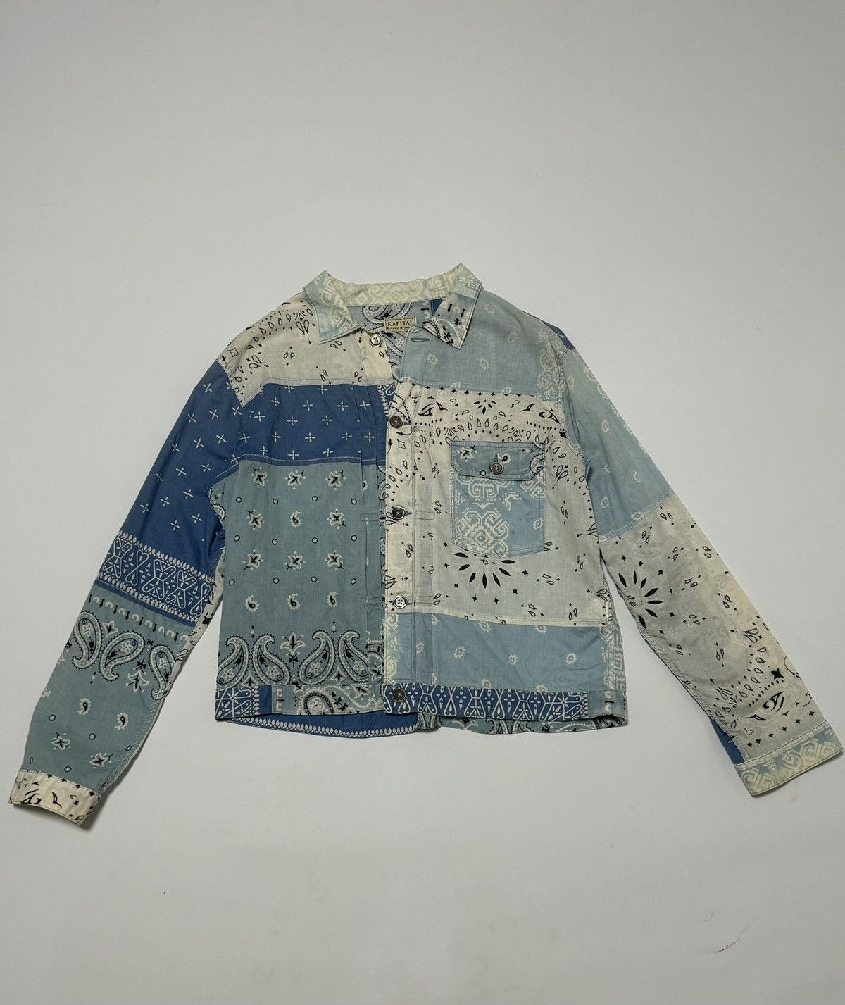 image of Kapital Patchwork Bandana-Print Cotton Jacket in Light Blue, Men's (Size 2XL)