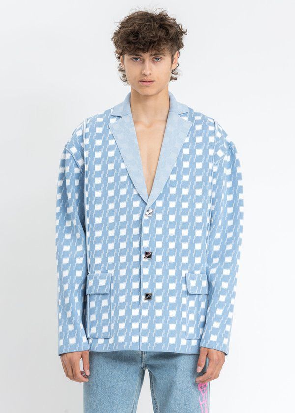 image of We11Done Sky Gingham Check Oversize Men’S Jacquard Jacket in Blue, Men's (Size Small)