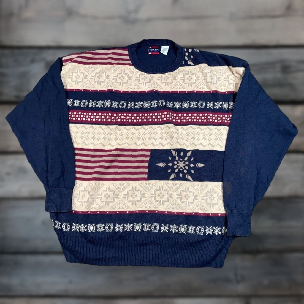 Bugle Boy VINTAGE Bugle Boy Sweater Men XL Blue American Flag Snowflake Pattern Lightweight Cotton Crew Neck Oversized Pullover Retro Size US XL / EU 56 / 4 - 1 Thumbnail