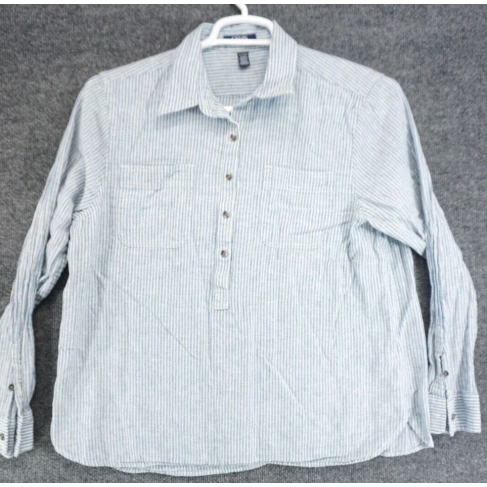 Chaps Chaps Blouse Womens XL Blue White Striped Linen Blend Long Sleeve ...