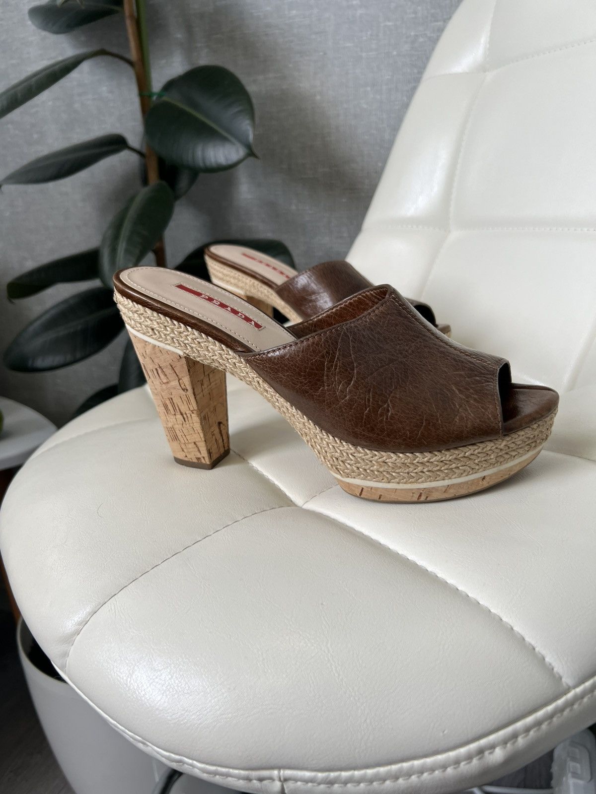 Prada Prada Leather Platform Mules Cork Heels Woven Trim Sandals Size US 8 / IT 38 - 10 Thumbnail